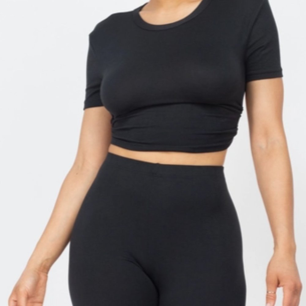 Black - Open Back Tie Up Crop Top Biker Shorts Set